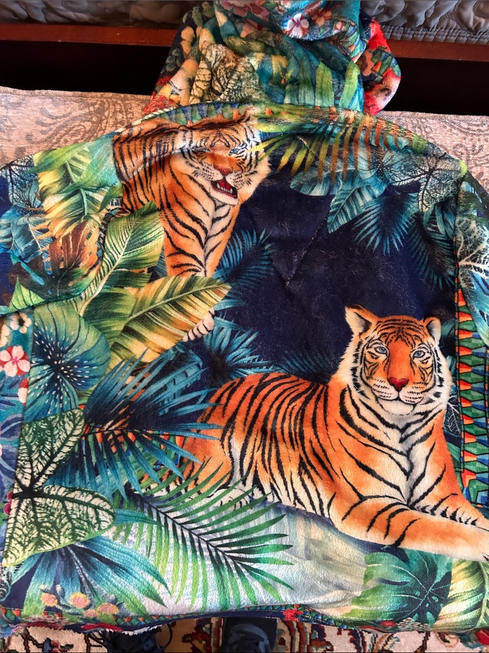 Johnny Was Hooded plush fleece with Tiger Jungle Print - Orange, Green, Blue